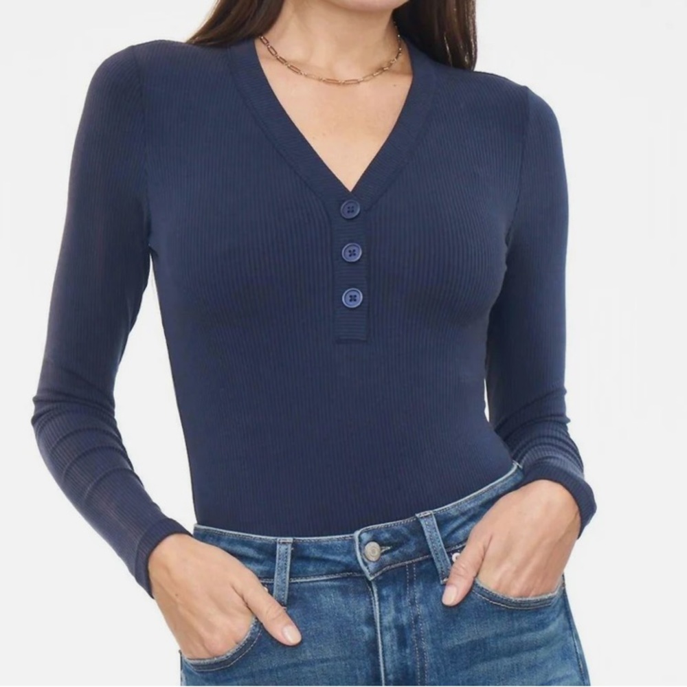 Pistola Grayson Bodysuit Snap Closure Button V Neck Henley Knit Navy NWT